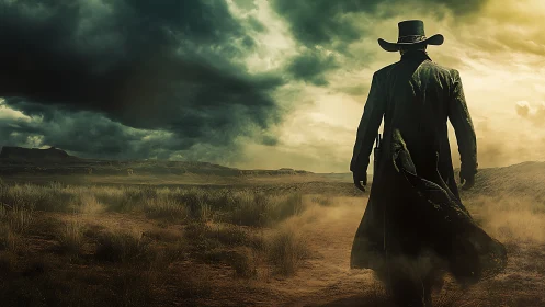Lone cowboy walks into stormy desert horizon at dusk.