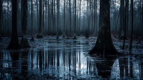 Moonlit cypress swamp reflects ghostly winter forest shadows.