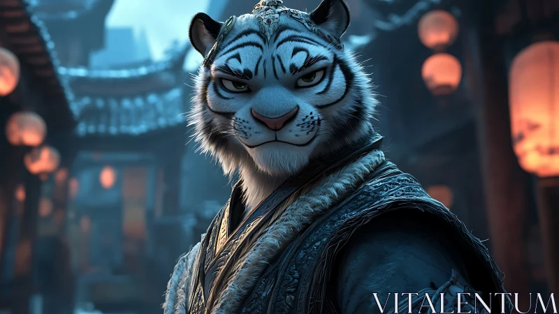 White tiger warlord prowls beneath ember-lit lantern skies.