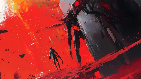 Lone figure confronts colossus in a blazing red maelstrom.
