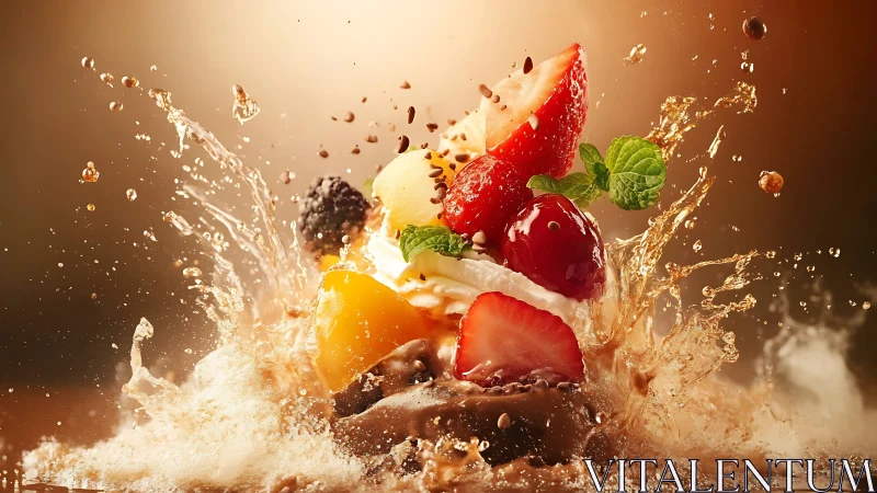 Fruit splash symphony crowns a decadent dessert in motion.