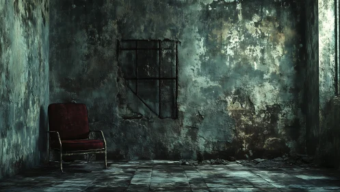 Decayed concrete chamber with solitary red armchair and rusted grille.