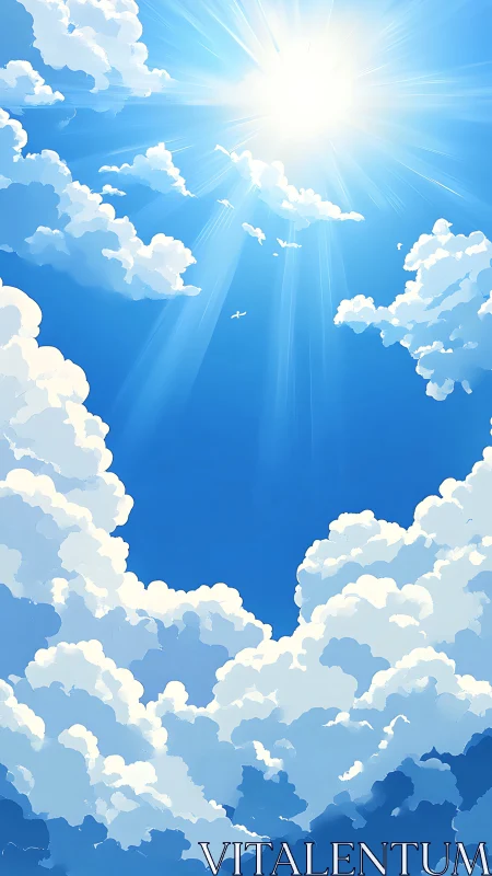 Radiant midday sun over stylized cumulus heart aperture.