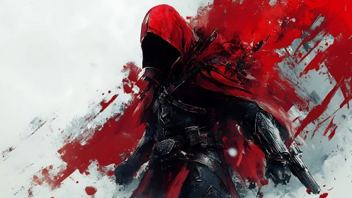 Hooded gunfighter strides through explosive crimson storm