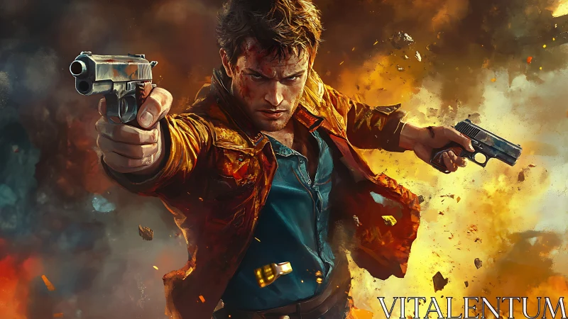 Male gunman in mid-action pose amid fiery explosion.