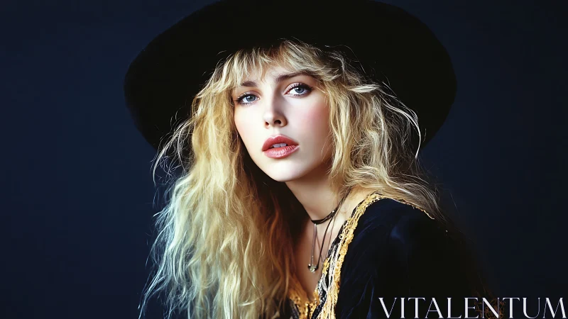 Cinematic portrait of blonde woman in black wide-brim hat.