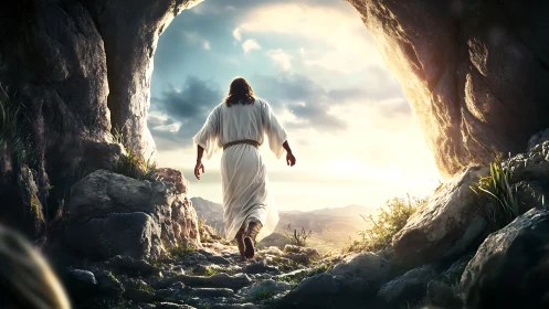 Risen wanderer strides from stone tomb into radiant dawn.