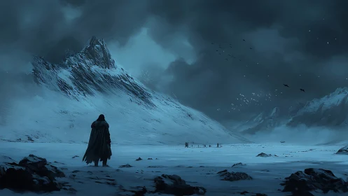 Lone wanderer studies stormlit peaks in frozen twilight hush