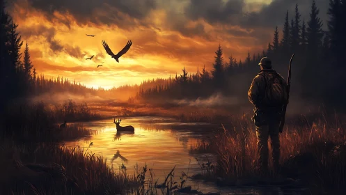 Hunter observes stag in reflective marsh at high-contrast sunset