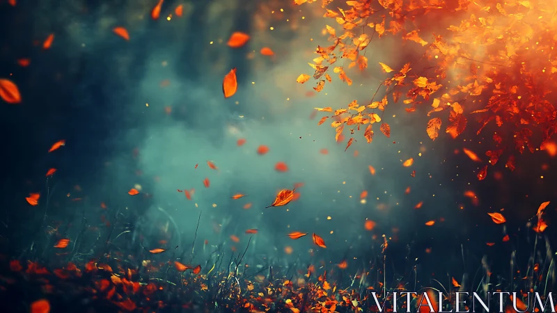 Glowing autumn leaves dancing gently in a dreamy forest.