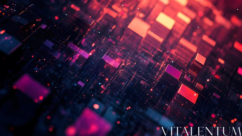 Futuristic digital cityscape in neon colors, abstract 3D art.