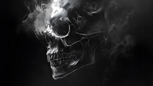Smoldering metallic skull emerges from swirling black smoke.