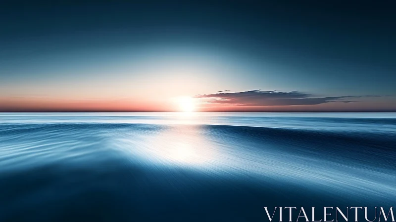 Sunset light streaks across a tranquil abstract ocean horizon.