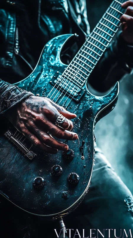 Close-up of electric guitar with player’s hand in focus.