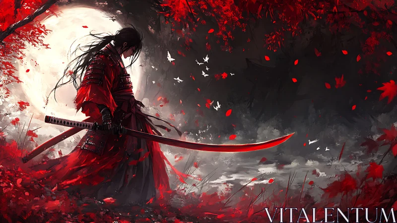 Samurai in red armor before full moon in autumn landscape.