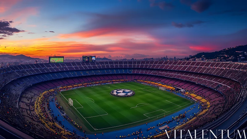 Sunset roar above a luminous football cathedral stadium.