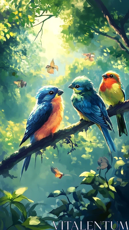 Three small birds perch on a branch in dense forest light