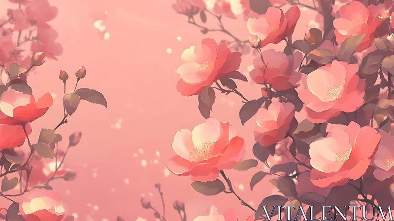 Pink flowering branches against soft diffused background