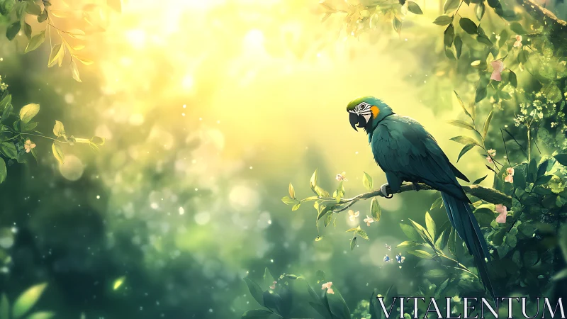 Sunlit jungle perch with a quietly curious teal parrot.
