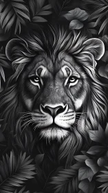Majestic monochrome lion emerging from lush foliage.