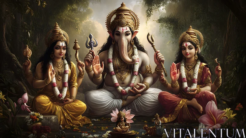 Divine Ganesha family seated in lush forest sanctum