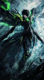 Storm-lit cyber angel rises in sleek neon-tinted armor
