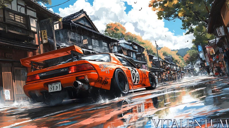 Turbocharged drift car in rainy traditional Japanese street