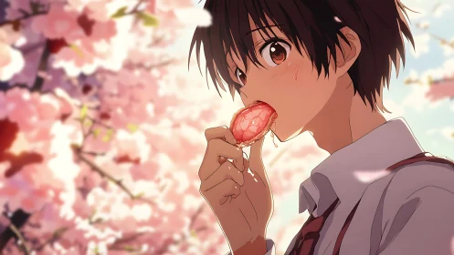 Anime boy eating wagashi beneath softly blurred sakura canopy