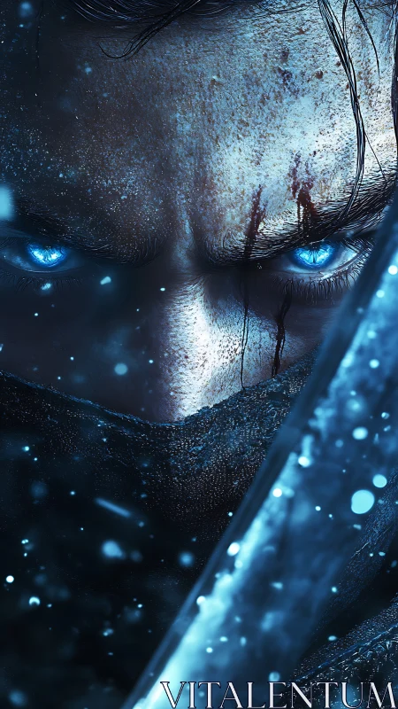 Glacial-eyed warrior portrait with macro detail and motion blur