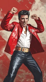 Dynamic rock singer portrait in red jacket on bold ground.