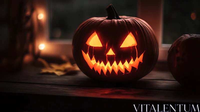Illuminated carved pumpkin sits on wooden surface indoors