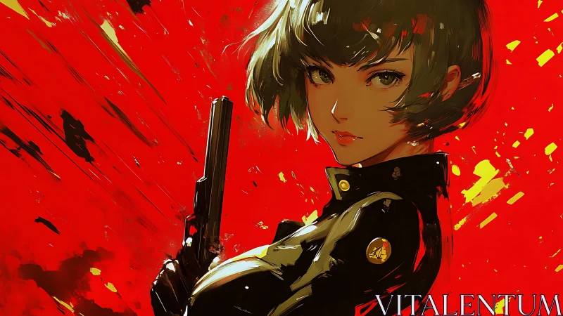 Armed anime heroine stands against explosive red backdrop