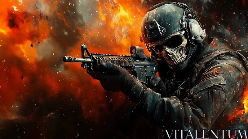 Ballistic skull-helmet operative amid explosive firestorm.