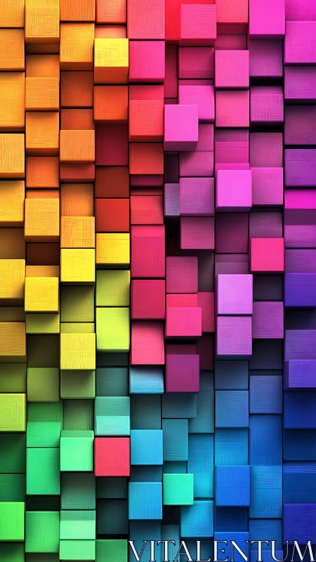 3D rainbow cubes forming stacked geometric color wall.