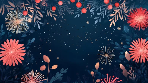 Midnight garden blooms glow with festive firework bursts.