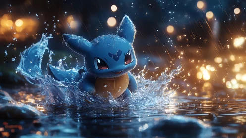 Bioluminescent blue turtle creature splashing in cinematic rain