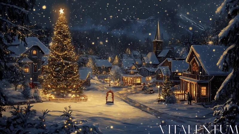 Snow covered village street with illuminated festive tree.