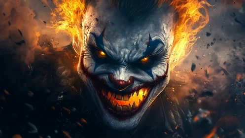 Demonic clown portrait with flaming hair and molten grin.