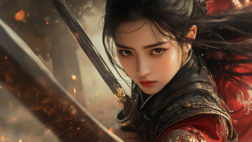 Storm-eyed warrior in ember-swept battlefield stillness.