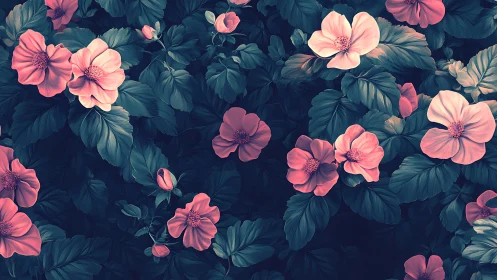 Midnight garden of teal leaves and coral whisper blooms.