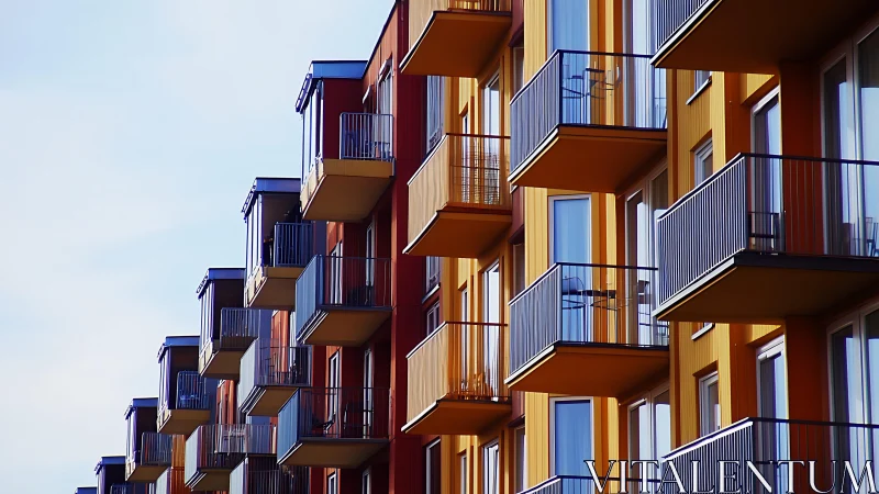 Linear sequence of modern apartment balconies is shown