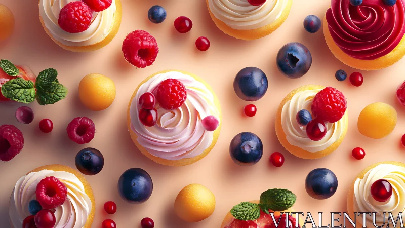 Colorful berry cupcakes form bright overhead dessert pattern