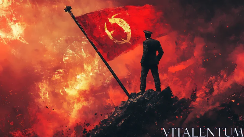 Commander overlooks burning battlefield beneath red banner.