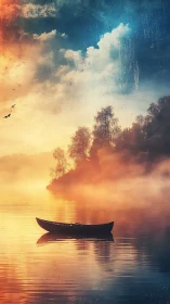 Solitary boat drifting through a twilight-painted misty lake.