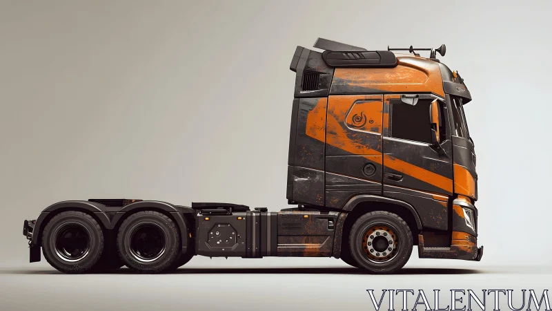 Modern orange and black semi truck in grunge style on plain background.