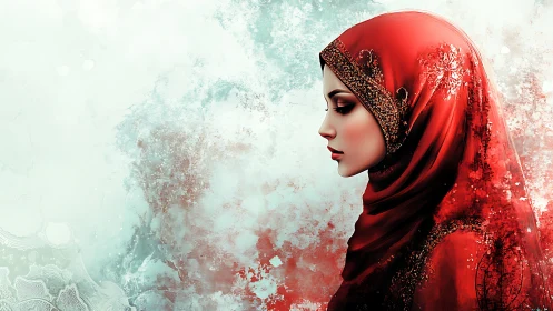 Side profile portrait of woman in ornate red hijab.