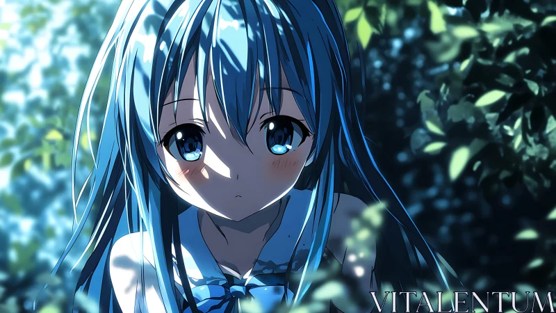 Blue haired anime girl in dappled forest light, quietly waiting.