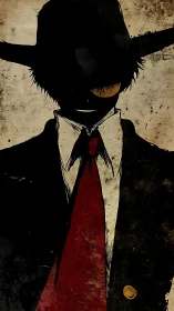 Shadowed stranger in a red tie against worn textures.