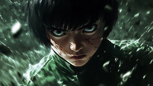 Fierce anime fighter locking eyes with unstoppable resolve.