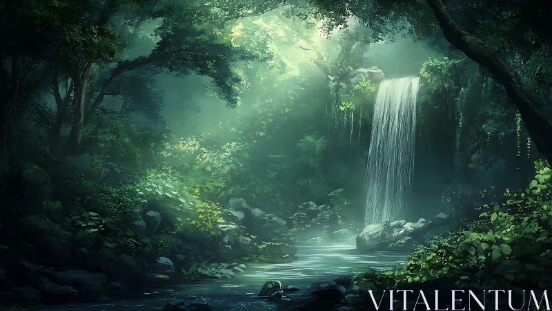 Cascading Waterfall Through Verdant Forest Canopy with Luminous Atmospheric Haze